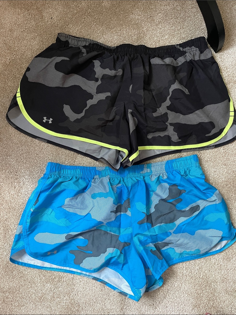 Under Armour Black/Gray with Neon Yellow Trim + Blue Camo Running Shorts Duo